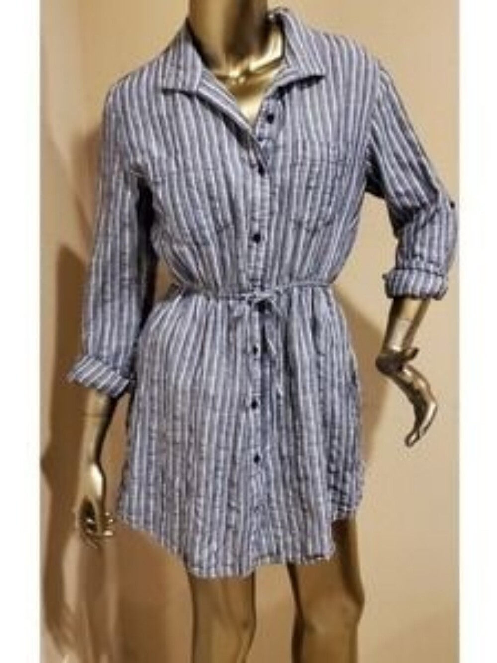 JAPNA sz M Striped Blue and White Shirt Dress w/ Drawstring Waist + pockets